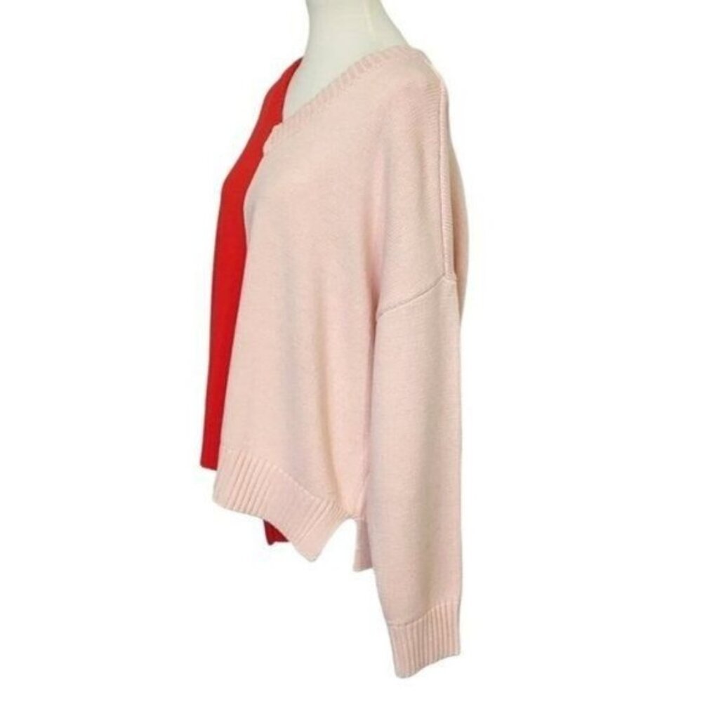 Kerri Rosenthal Sweater M Cotton Red Pink Colorblock Radiant Heart V-Neck NEW - Picture 5 of 16
